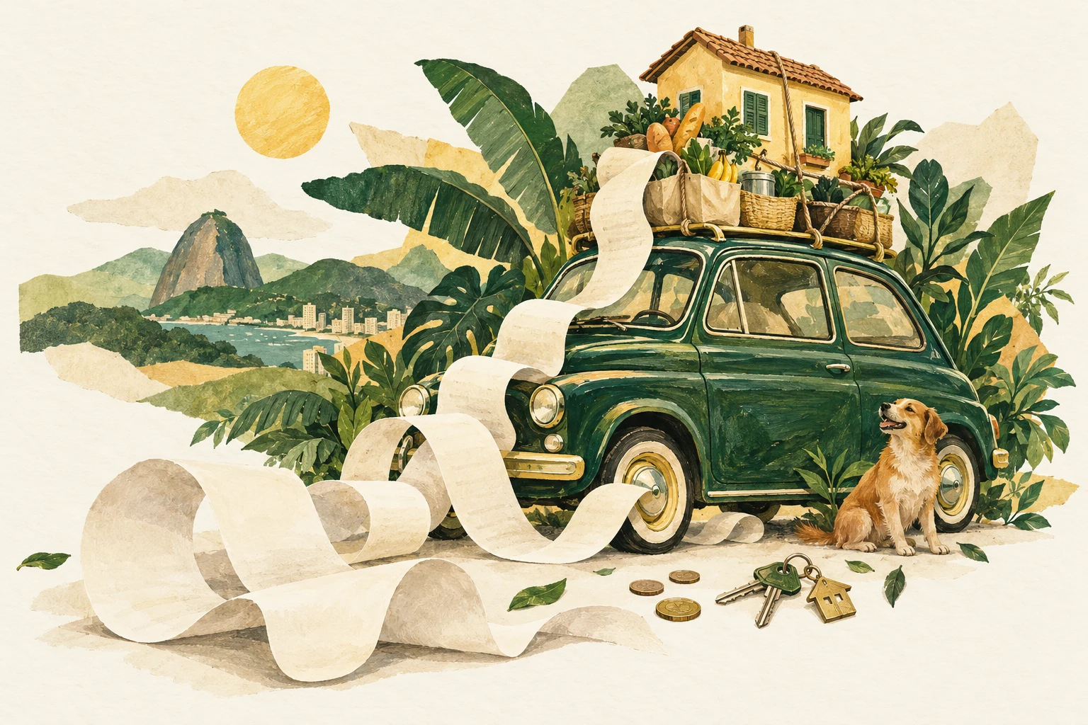 Ilustração de um carro verde com uma casa, compras, nota fiscal e cachorro caramelo.